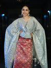Banarasee Brocade Salwar Kameez Fabric With Jaal Design Contrast Dupatta-Red & Light Blue