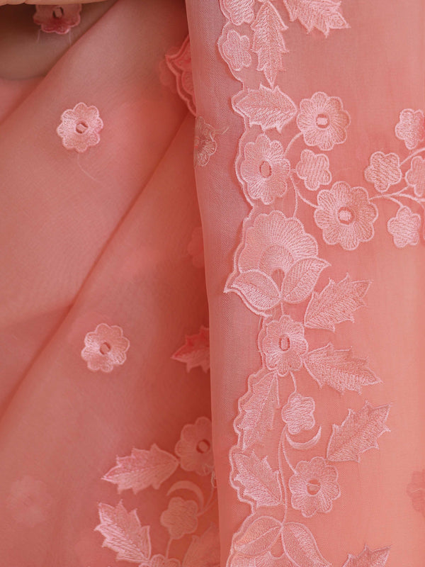 Banarasee Pure Organza Silk Saree With Floral Resham Embroidery-Peach