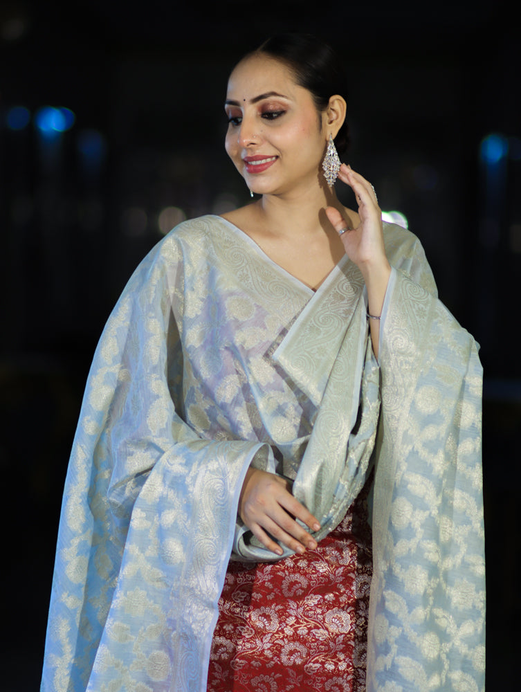 Banarasee Brocade Salwar Kameez Fabric With Jaal Design Contrast Dupatta-Red & Light Blue