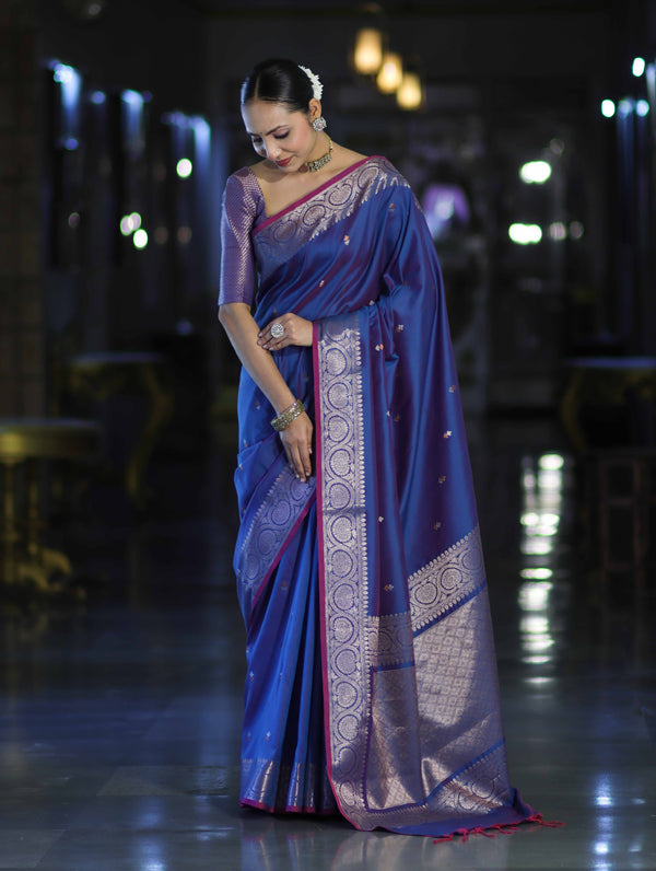 Banarasee Handloom Dual Tone Semi Silk Saree With Buti Design & Border-Blue