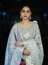 Banarasee Brocade Salwar Kameez Fabric With Jaal Design Contrast Dupatta-Red & Light Blue