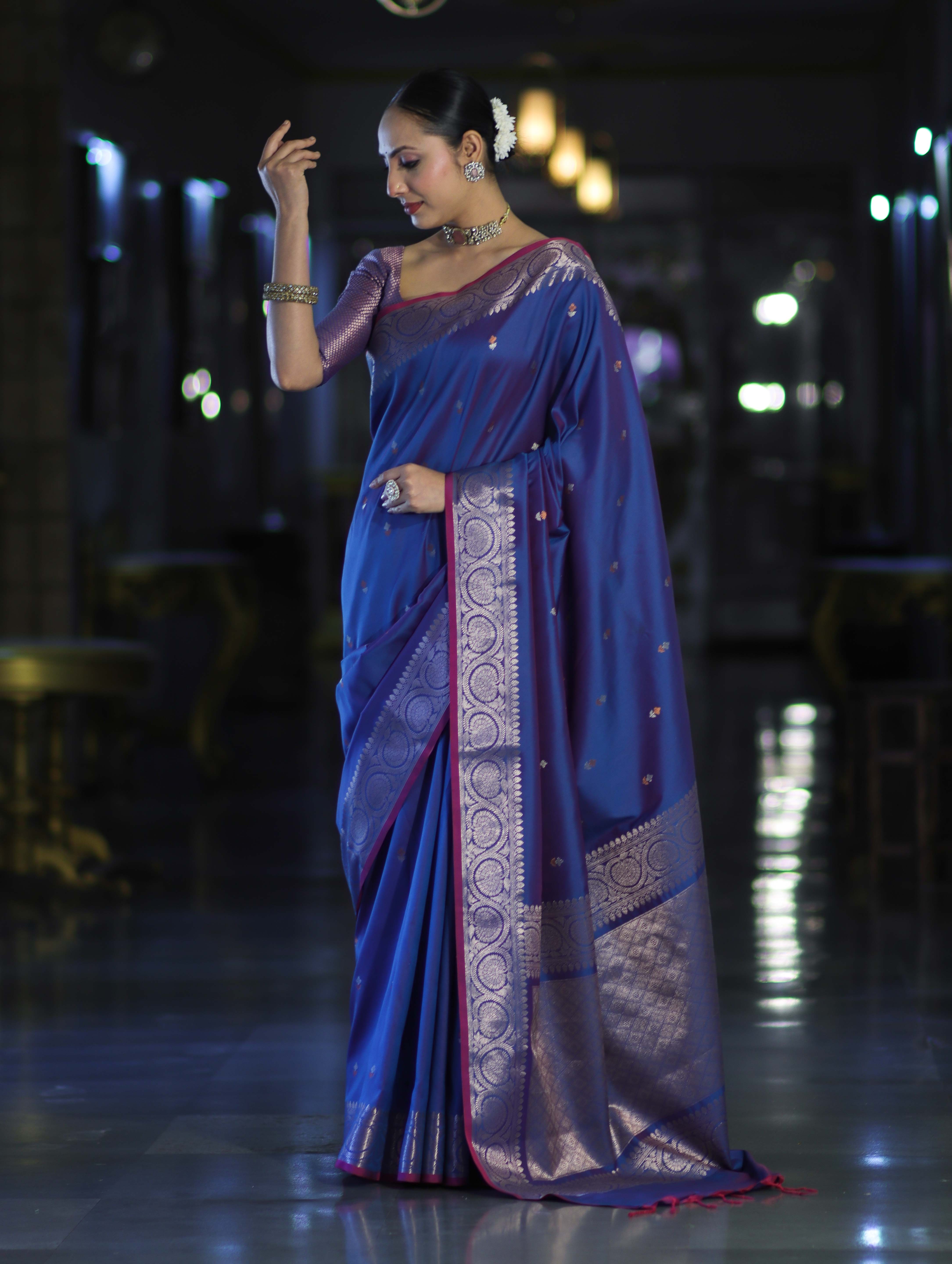 Banarasee Handloom Dual Tone Semi Silk Saree With Buti Design & Border-Blue