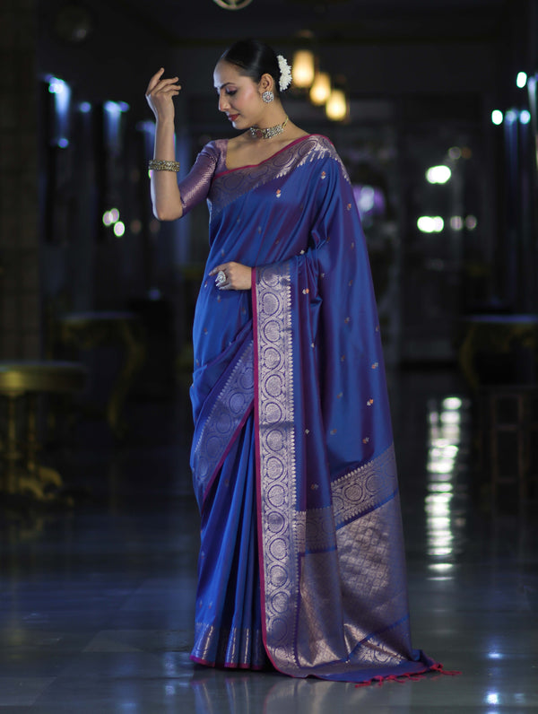 Banarasee Handloom Dual Tone Semi Silk Saree With Buti Design & Border-Blue