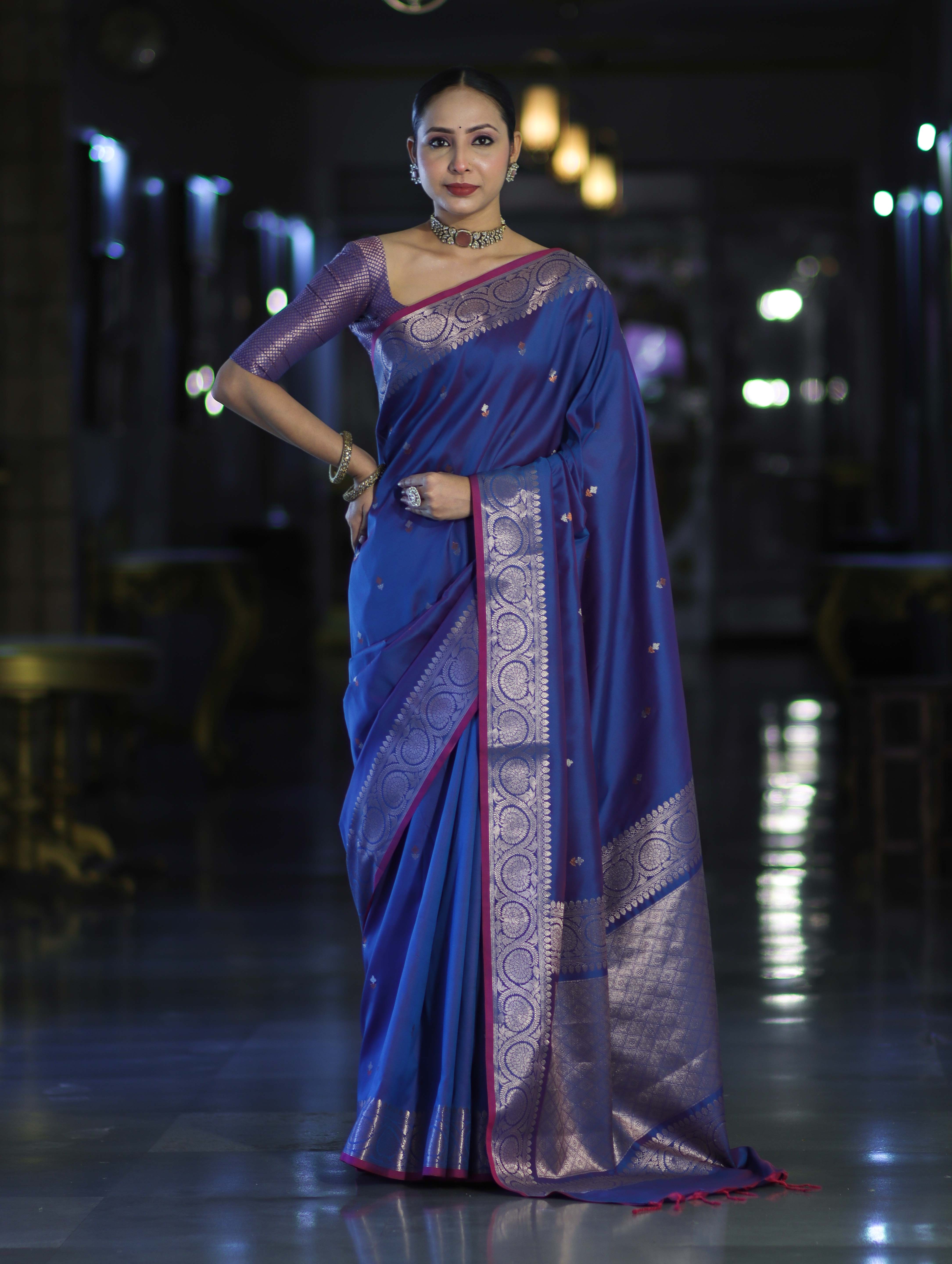 Banarasee Handloom Dual Tone Semi Silk Saree With Buti Design & Border-Blue