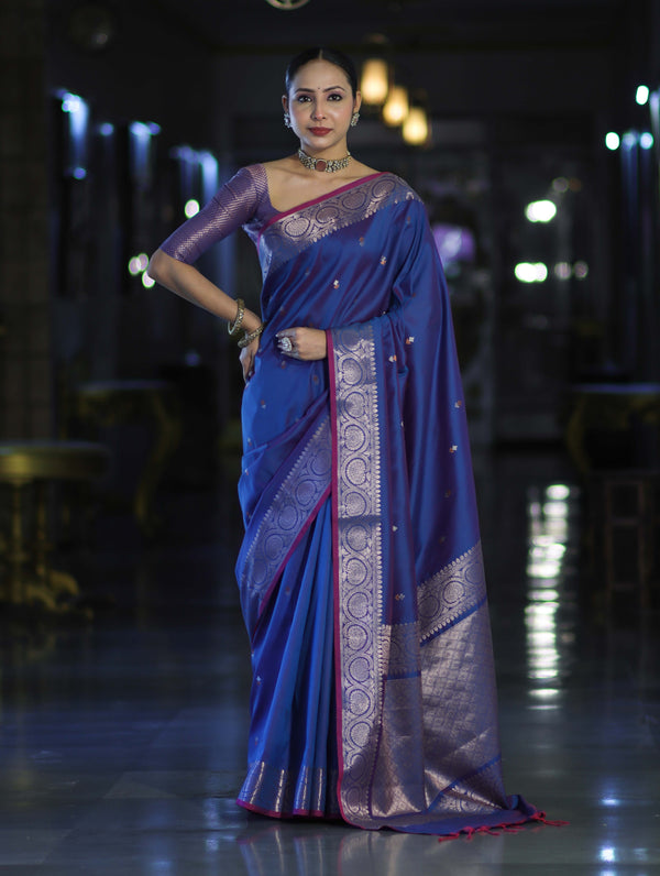 Banarasee Handloom Dual Tone Semi Silk Saree With Buti Design & Border-Blue