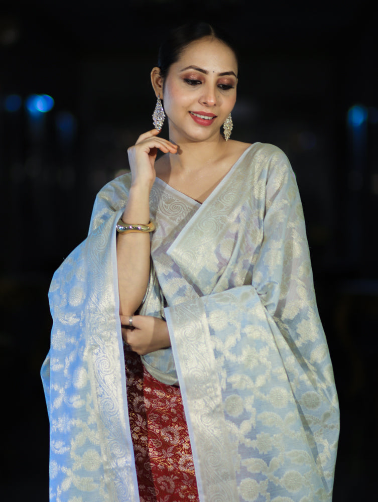 Banarasee Brocade Salwar Kameez Fabric With Jaal Design Contrast Dupatta-Red & Light Blue