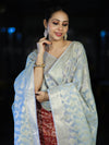 Banarasee Brocade Salwar Kameez Fabric With Jaal Design Contrast Dupatta-Red & Light Blue