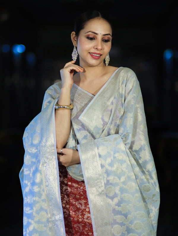 Banarasee Brocade Salwar Kameez Fabric With Jaal Design Contrast Dupatta-Red & Light Blue