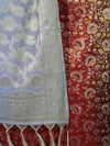 Banarasee Brocade Salwar Kameez Fabric With Jaal Design Contrast Dupatta-Red & Light Blue