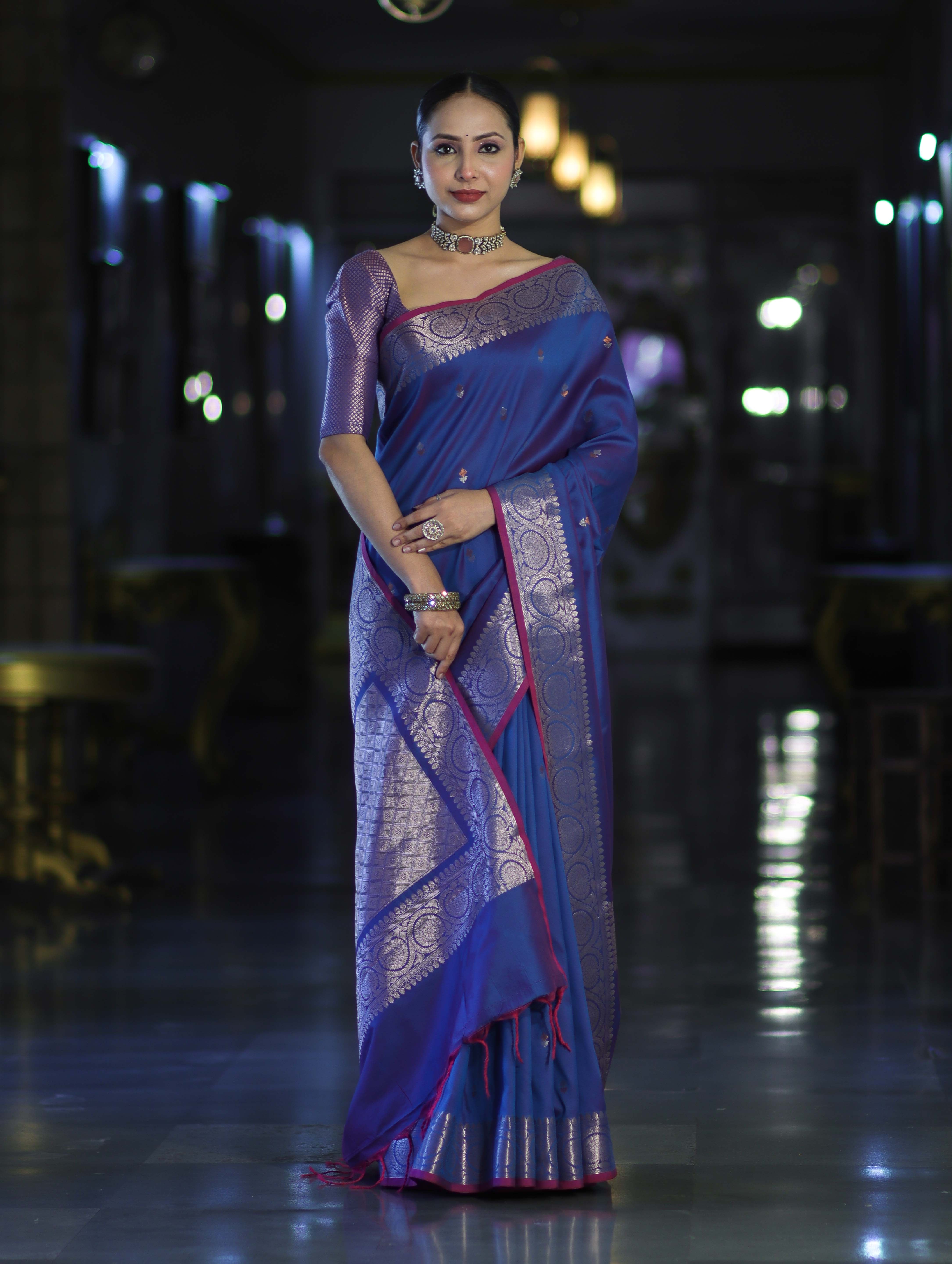 Banarasee Handloom Dual Tone Semi Silk Saree With Buti Design & Border-Blue