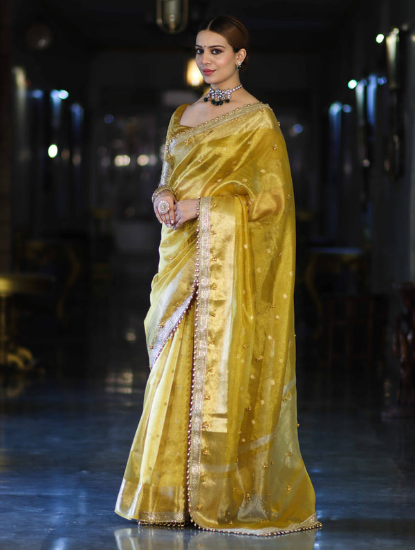 Banarasee Handwoven Tissue Saree With Embroidered Ghungroo Work-Yellow