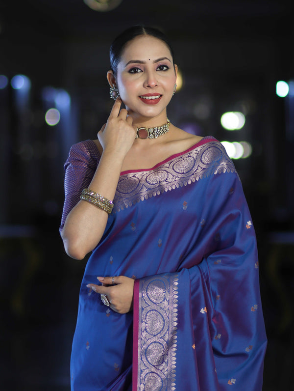 Banarasee Handloom Dual Tone Semi Silk Saree With Buti Design & Border-Blue