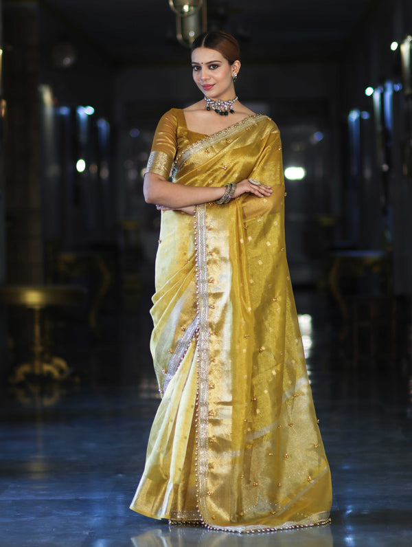Banarasee Handwoven Tissue Saree With Embroidered Ghungroo Work-Yellow