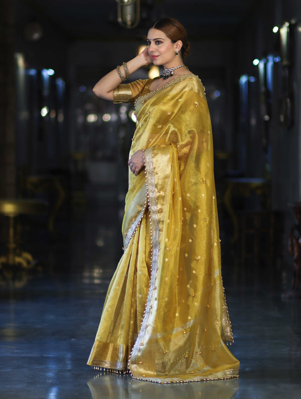 Banarasee Handwoven Tissue Saree With Embroidered Ghungroo Work-Yellow