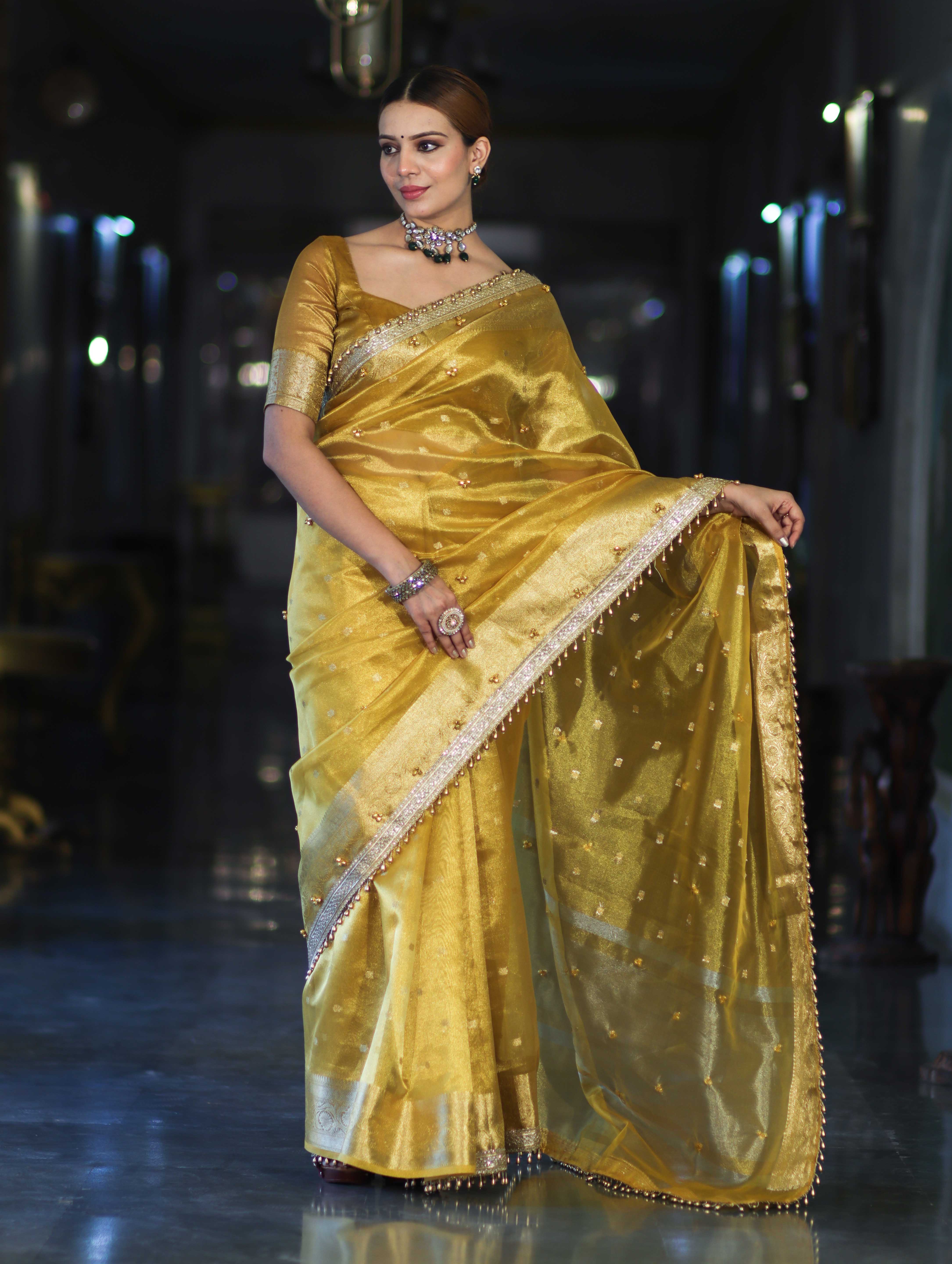 Banarasee Handwoven Tissue Saree With Embroidered Ghungroo Work-Yellow