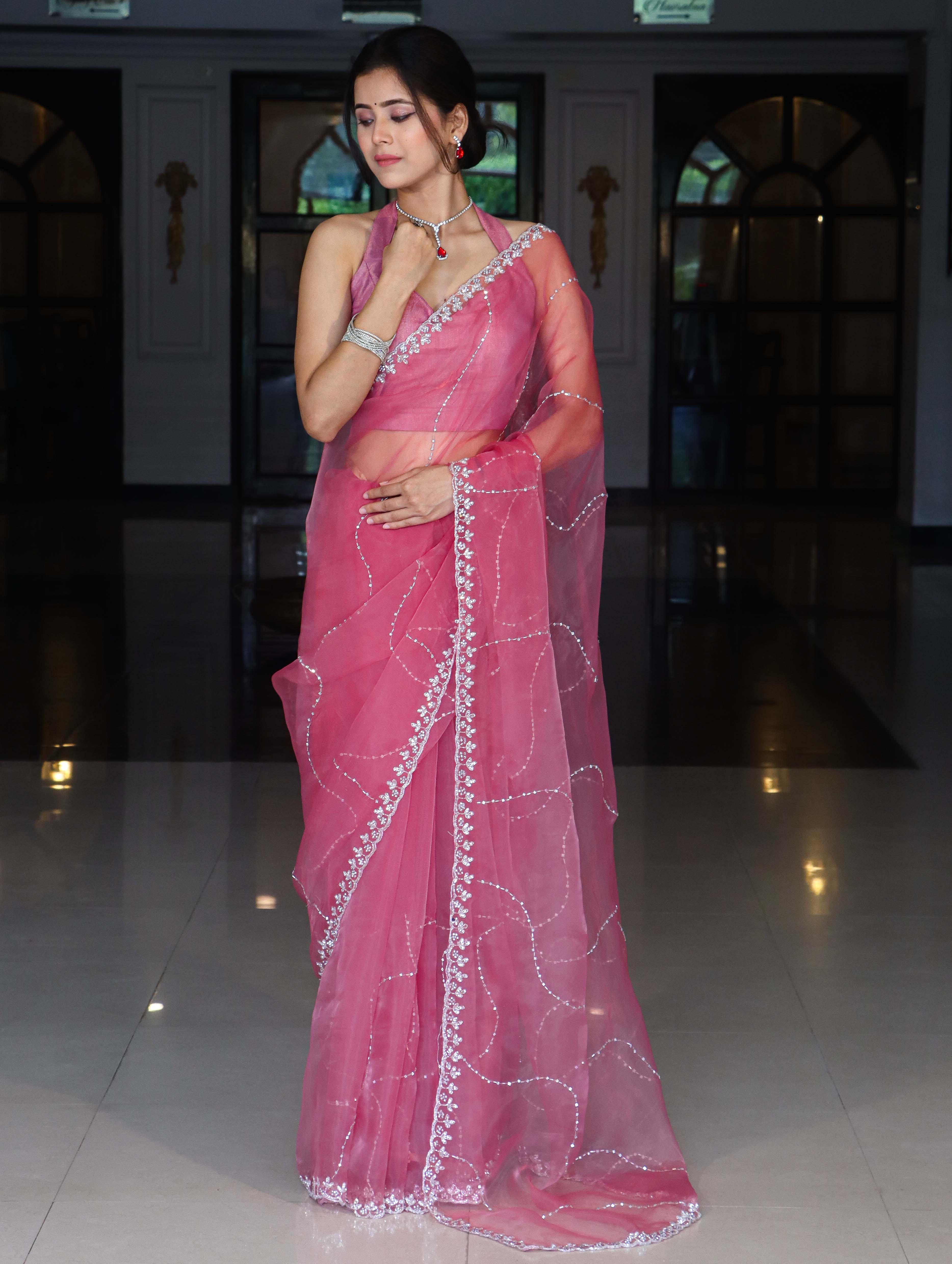 Banarasee Organza Mix Saree With Katdana Handwork-Onion Pink