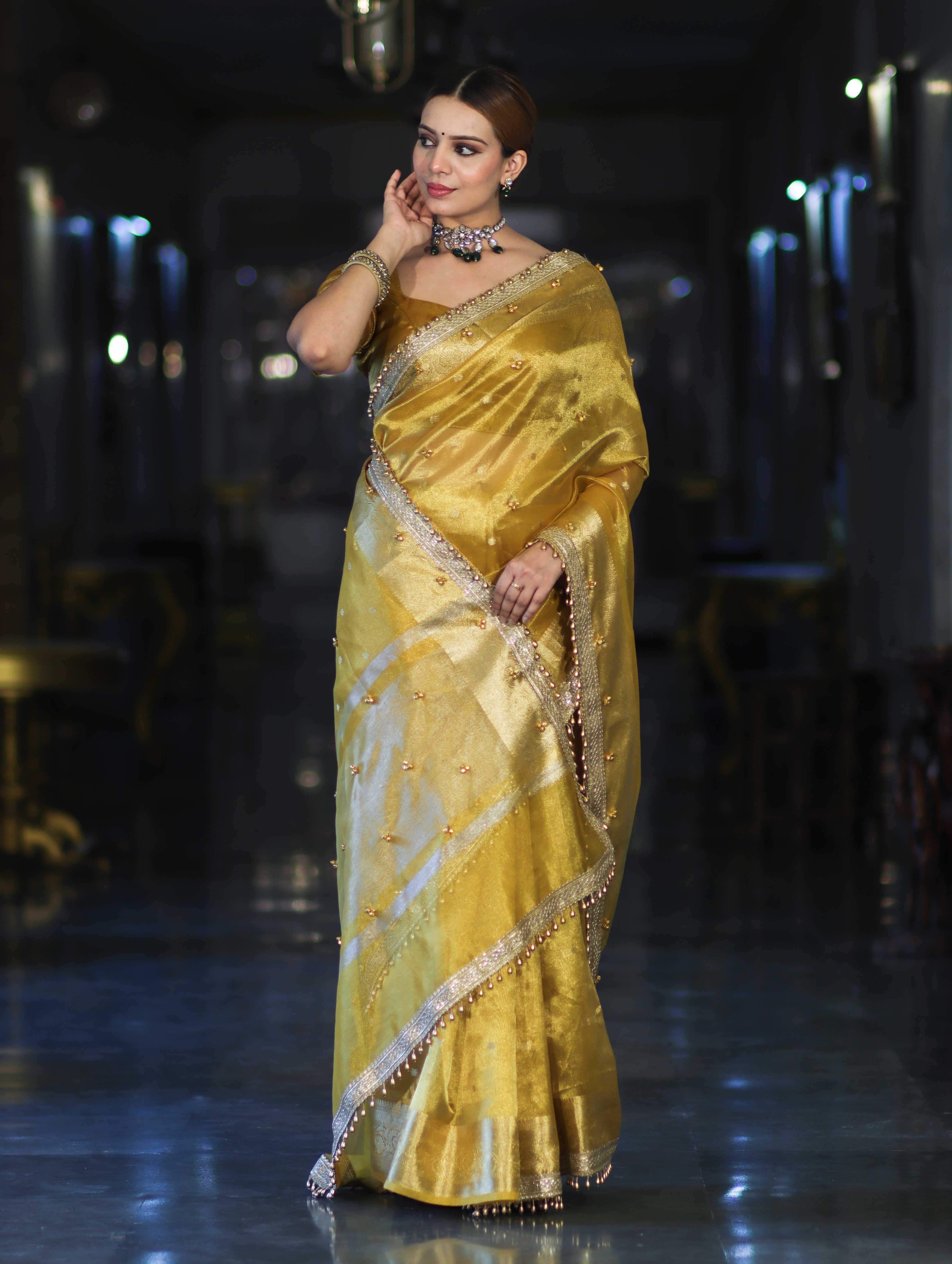 Banarasee Handwoven Tissue Saree With Embroidered Ghungroo Work-Yellow
