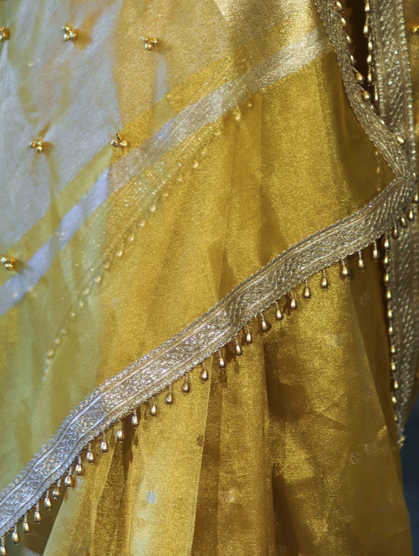 Banarasee Handwoven Tissue Saree With Embroidered Ghungroo Work-Yellow