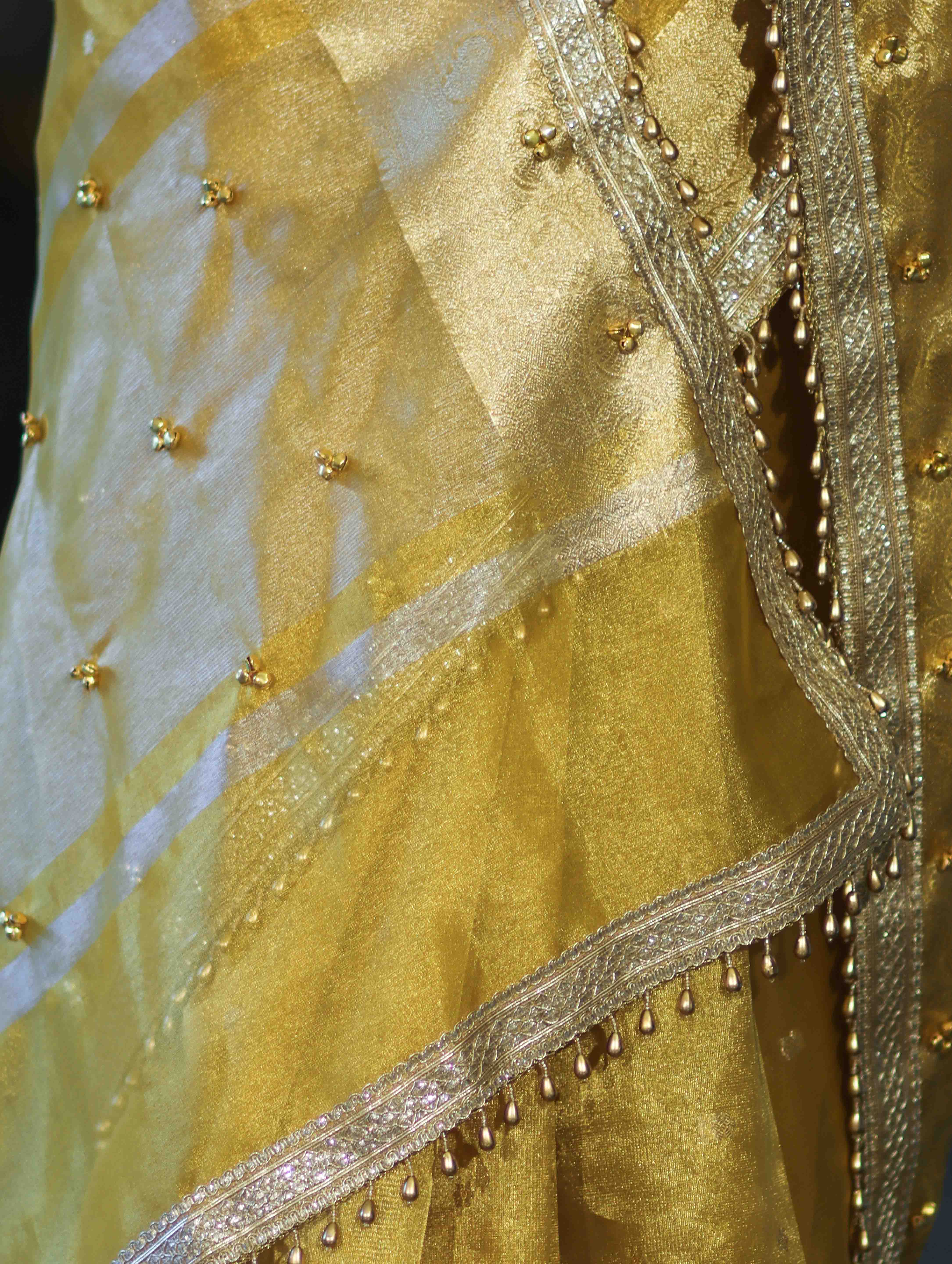 Banarasee Handwoven Tissue Saree With Embroidered Ghungroo Work-Yellow