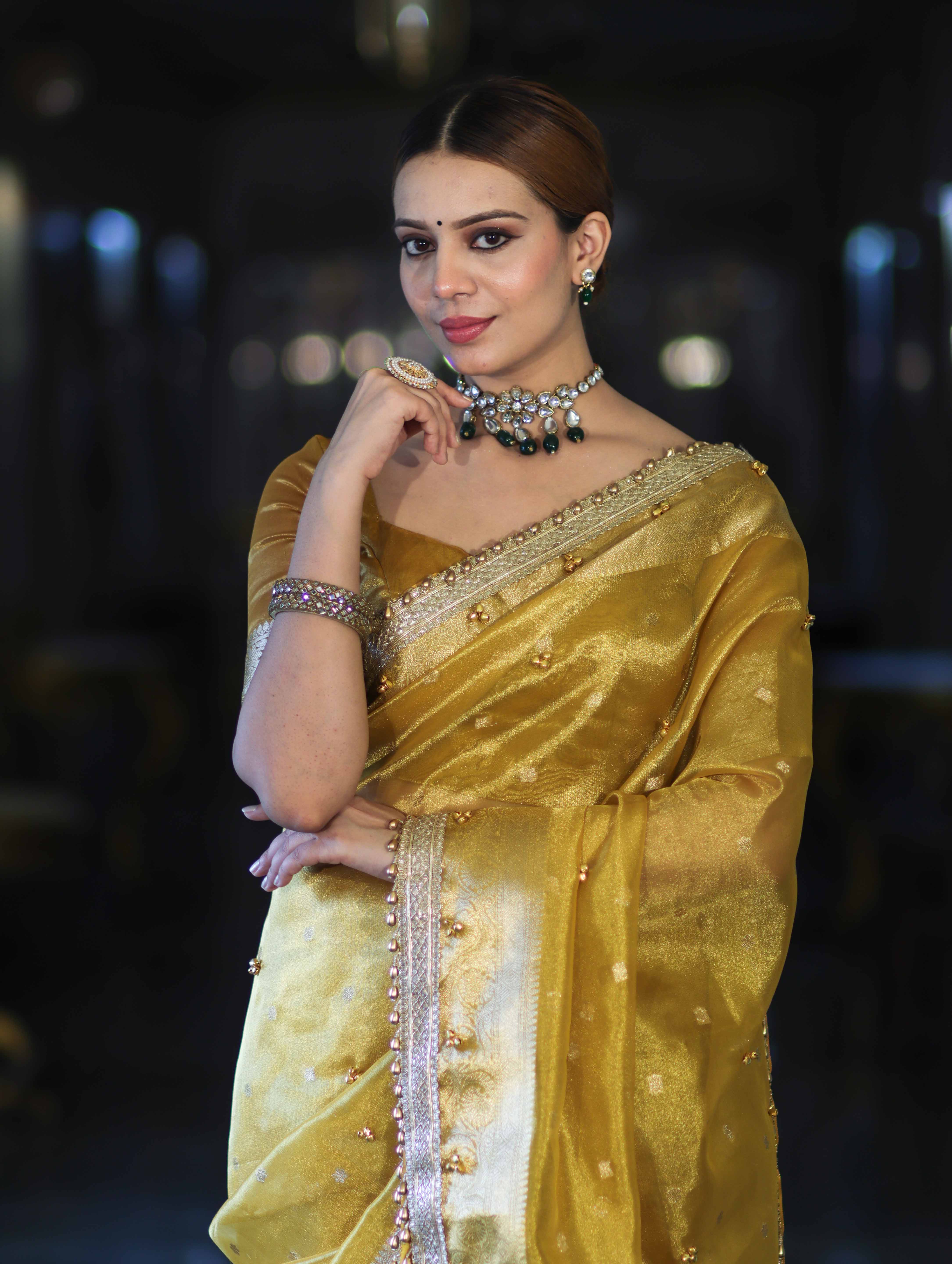 Banarasee Handwoven Tissue Saree With Embroidered Ghungroo Work-Yellow