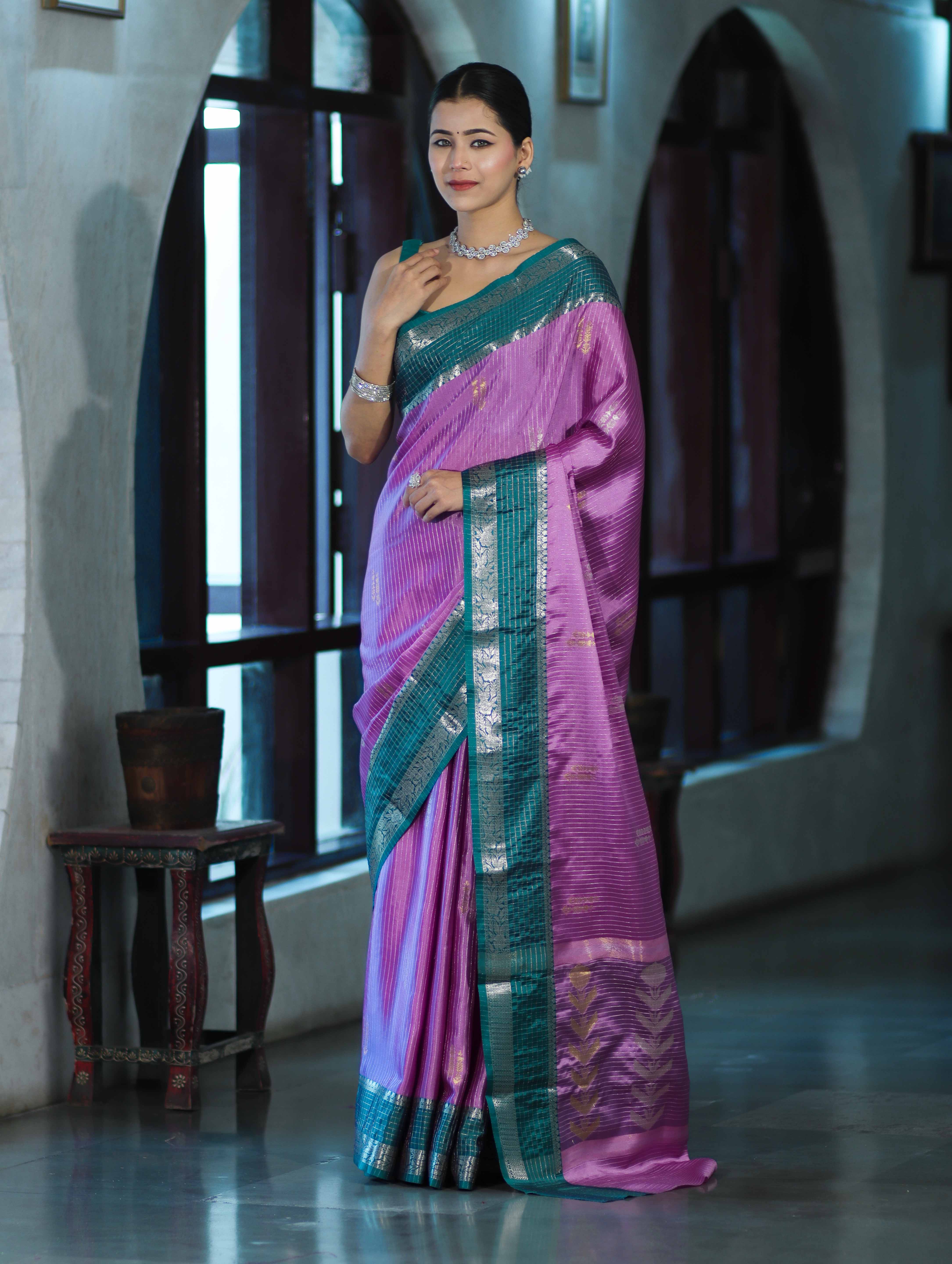 Banarasee Handloom Semi Silk Saree With Zari Stripe Design & Contrast Border-Onion Pink & Teal Green