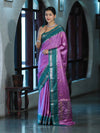 Banarasee Handloom Semi Silk Saree With Zari Stripe Design & Contrast Border-Onion Pink & Teal Green