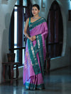Banarasee Handloom Semi Silk Saree With Zari Stripe Design & Contrast Border-Onion Pink & Teal Green