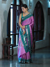 Banarasee Handloom Semi Silk Saree With Zari Stripe Design & Contrast Border-Onion Pink & Teal Green