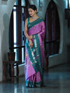 Banarasee Handloom Semi Silk Saree With Zari Stripe Design & Contrast Border-Onion Pink & Teal Green