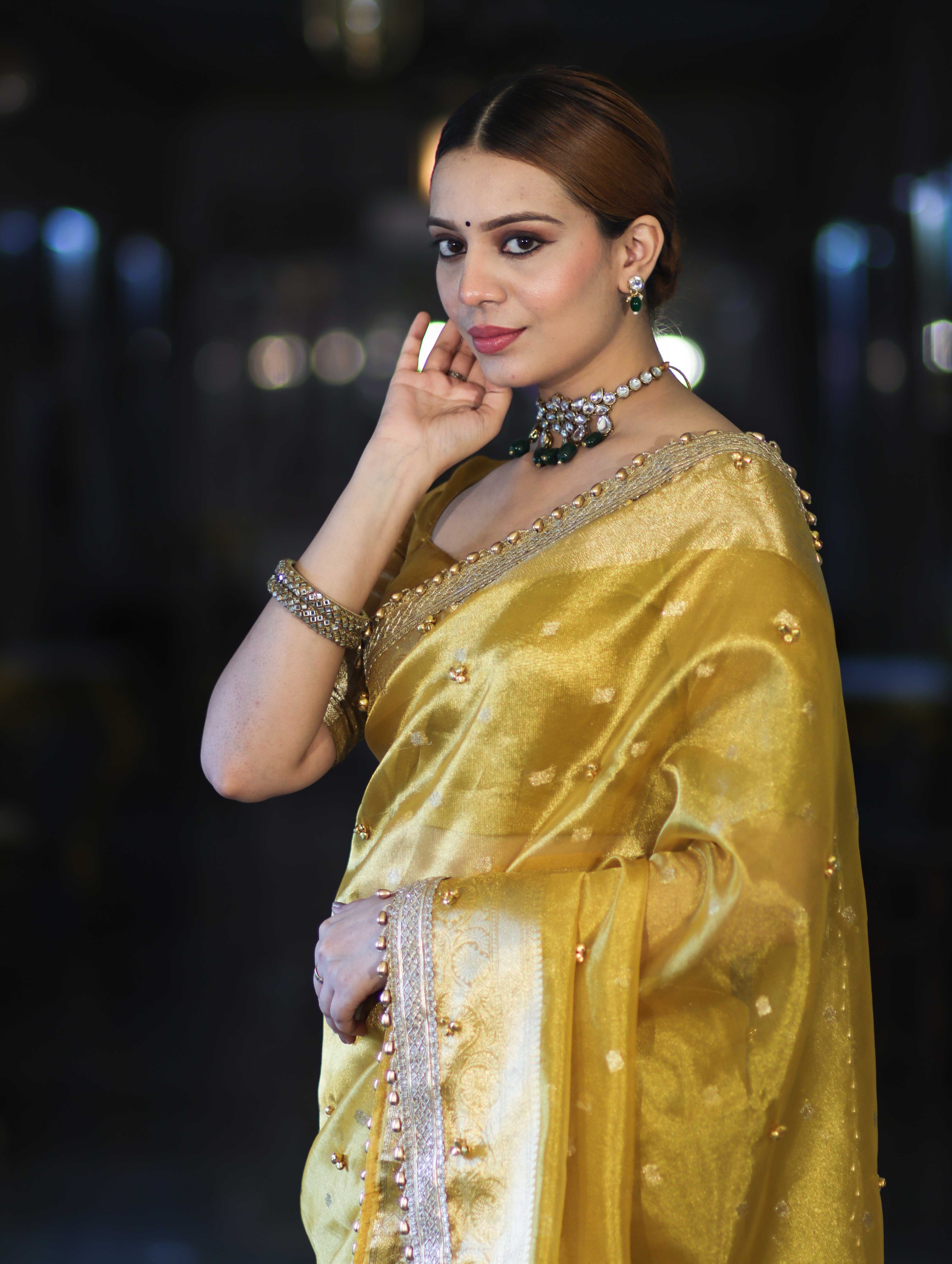 Banarasee Handwoven Tissue Saree With Embroidered Ghungroo Work-Yellow
