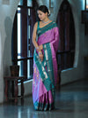 Banarasee Handloom Semi Silk Saree With Zari Stripe Design & Contrast Border-Onion Pink & Teal Green