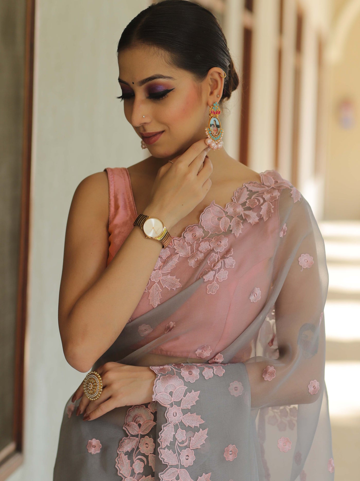 Coral Organza Jaipuri Saree with Resham Embroidery & Contrast Blouse main image 1