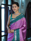 Banarasee Handloom Semi Silk Saree With Zari Stripe Design & Contrast Border-Onion Pink & Teal Green