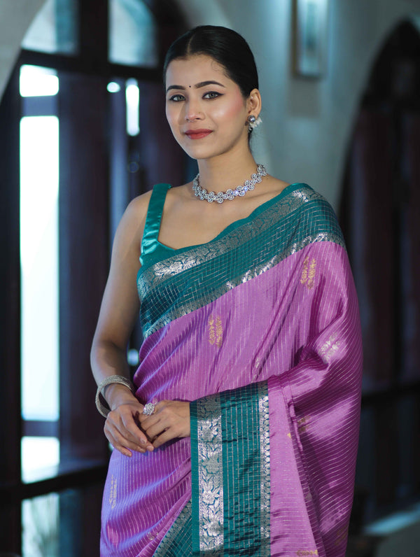 Banarasee Handloom Semi Silk Saree With Zari Stripe Design & Contrast Border-Onion Pink & Teal Green