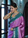 Banarasee Handloom Semi Silk Saree With Zari Stripe Design & Contrast Border-Onion Pink & Teal Green