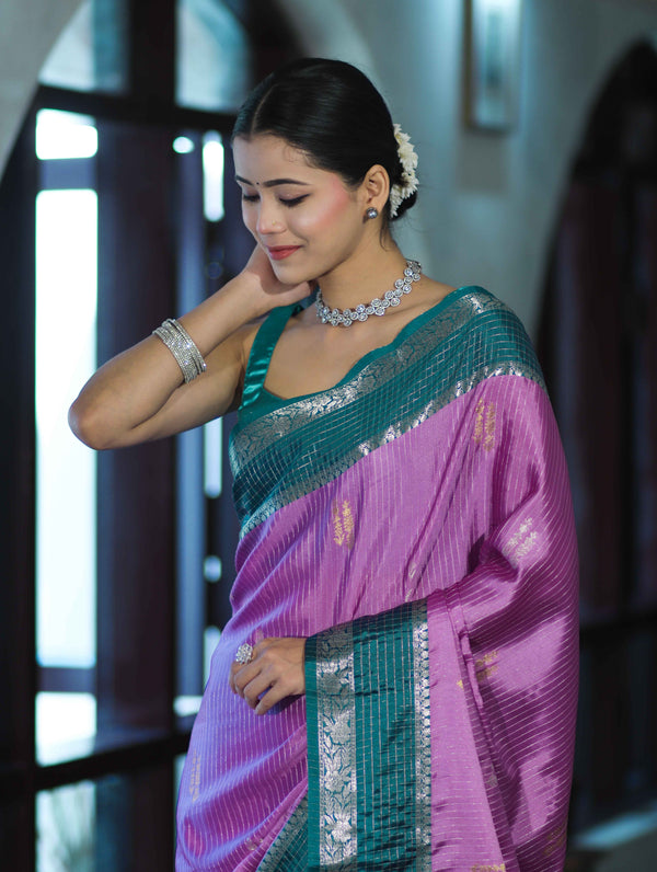 Banarasee Handloom Semi Silk Saree With Zari Stripe Design & Contrast Border-Onion Pink & Teal Green