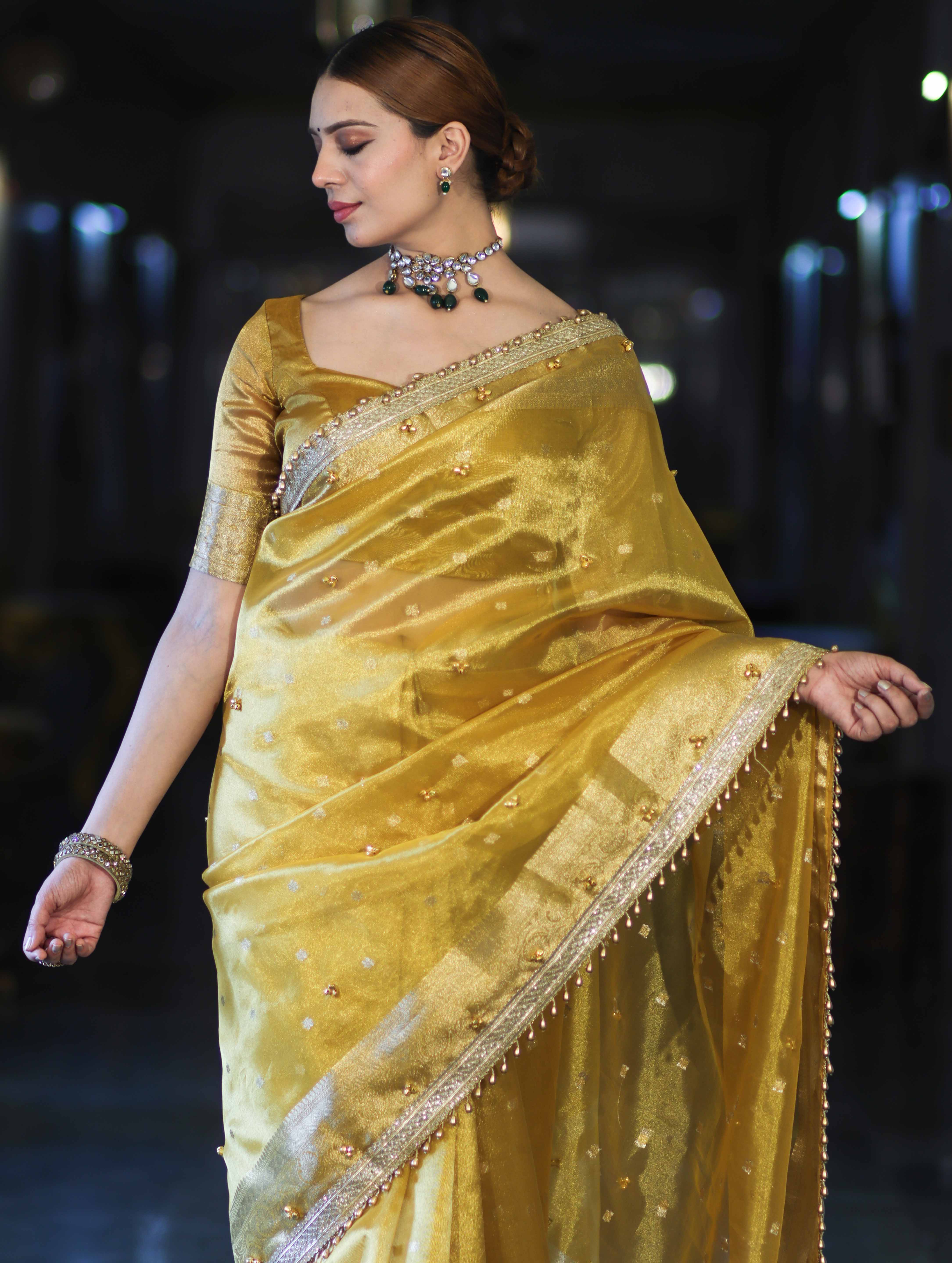 Banarasee Handwoven Tissue Saree With Embroidered Ghungroo Work-Yellow