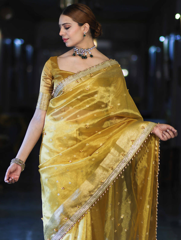 Banarasee Handwoven Tissue Saree With Embroidered Ghungroo Work-Yellow