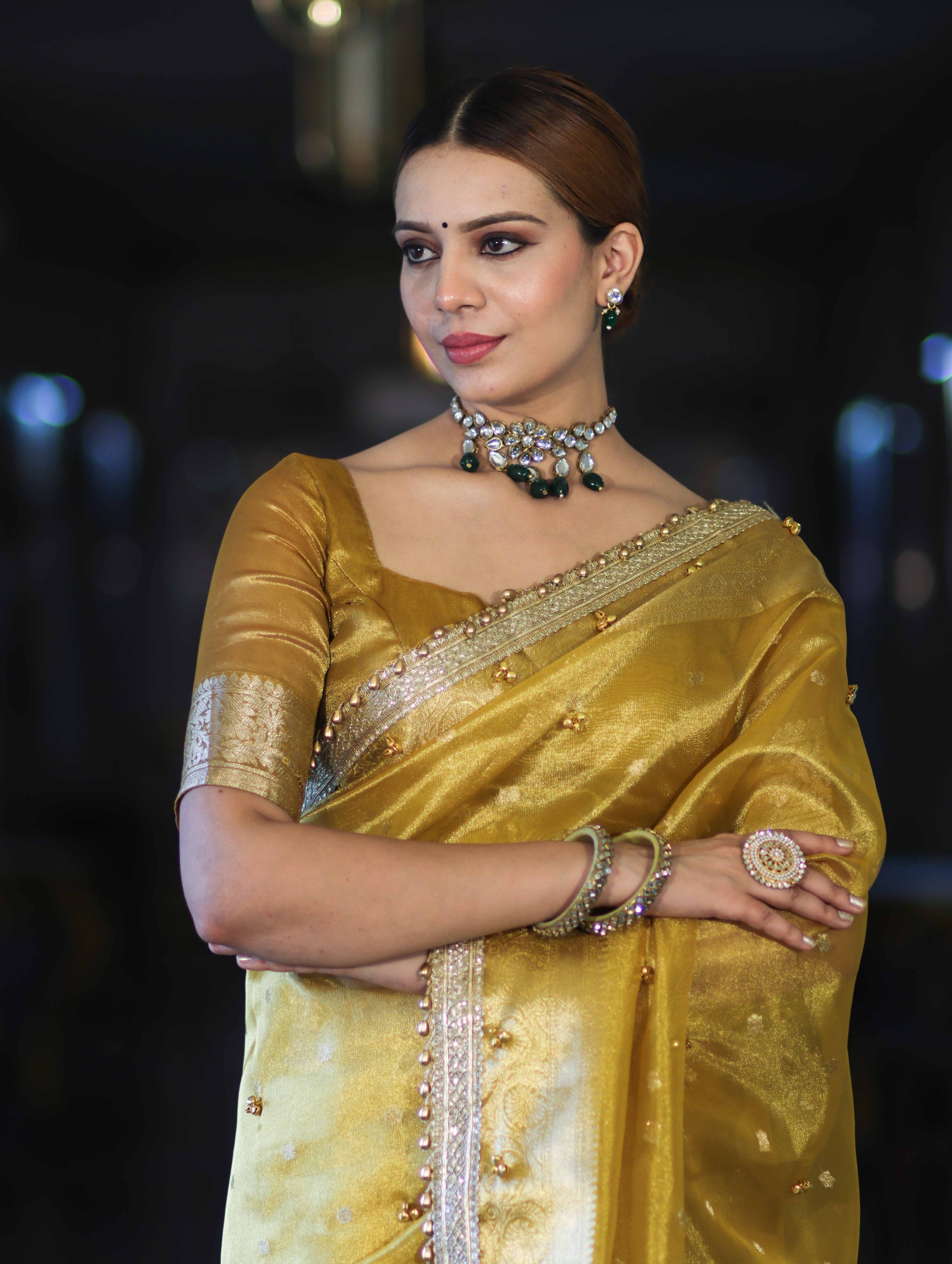 Banarasee Handwoven Tissue Saree With Embroidered Ghungroo Work-Yellow