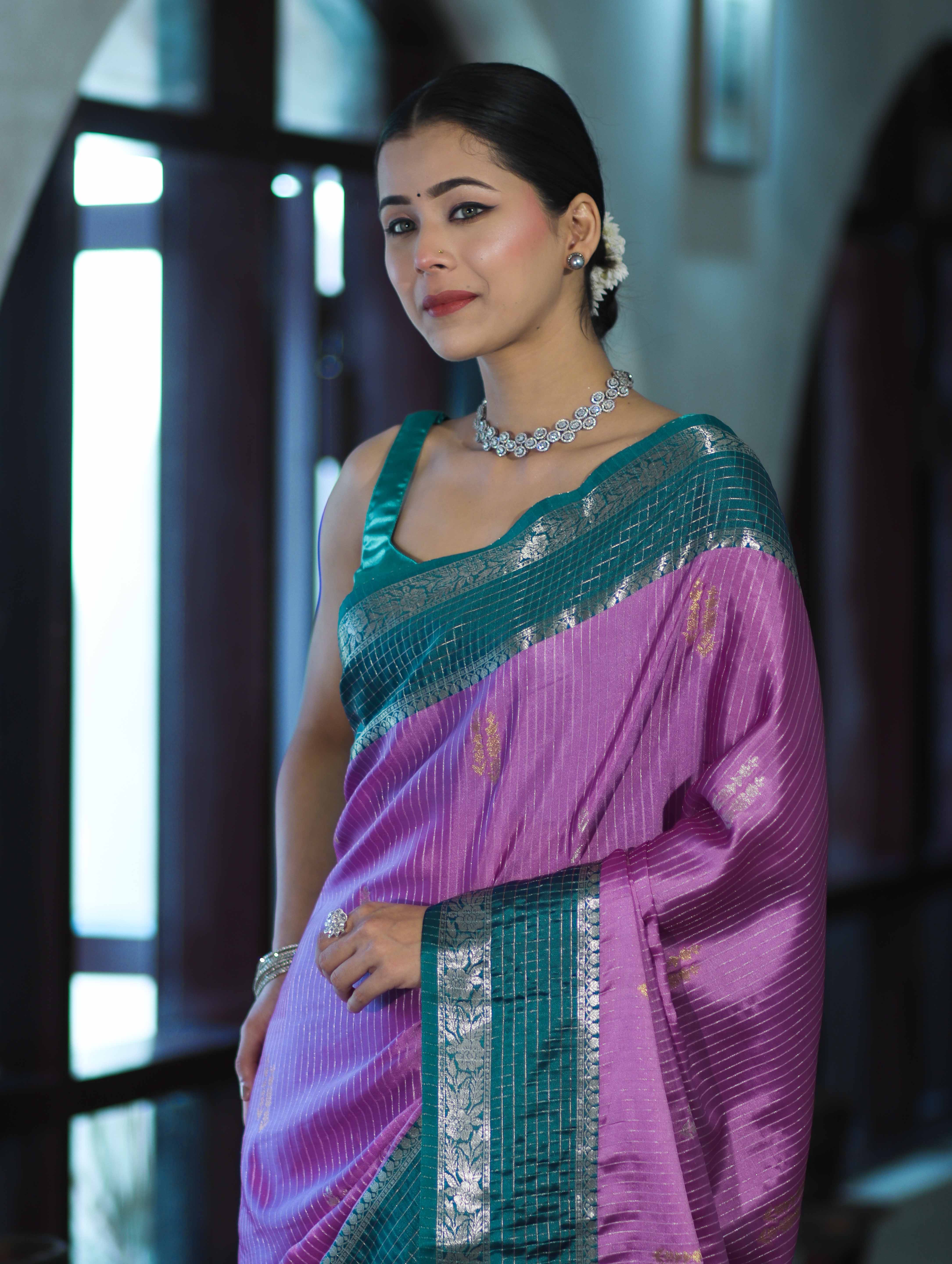 Banarasee Handloom Semi Silk Saree With Zari Stripe Design & Contrast Border-Onion Pink & Teal Green