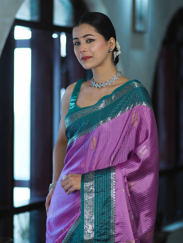 Banarasee Handloom Semi Silk Saree With Zari Stripe Design & Contrast Border-Onion Pink & Teal Green