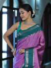 Banarasee Handloom Semi Silk Saree With Zari Stripe Design & Contrast Border-Onion Pink & Teal Green