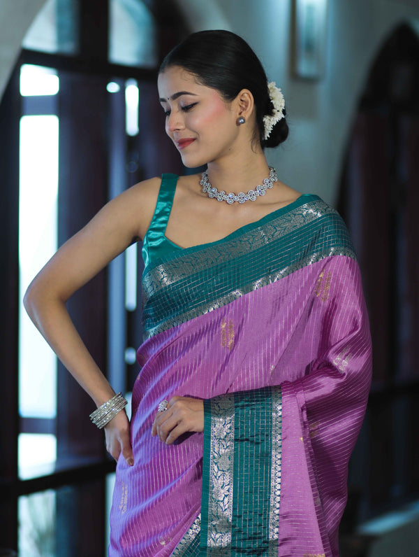 Banarasee Handloom Semi Silk Saree With Zari Stripe Design & Contrast Border-Onion Pink & Teal Green