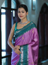 Banarasee Handloom Semi Silk Saree With Zari Stripe Design & Contrast Border-Onion Pink & Teal Green