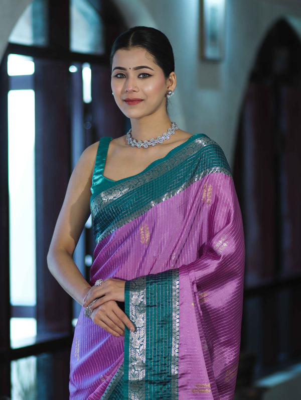 Banarasee Handloom Semi Silk Saree With Zari Stripe Design & Contrast Border-Onion Pink & Teal Green