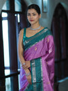 Banarasee Handloom Semi Silk Saree With Zari Stripe Design & Contrast Border-Onion Pink & Teal Green