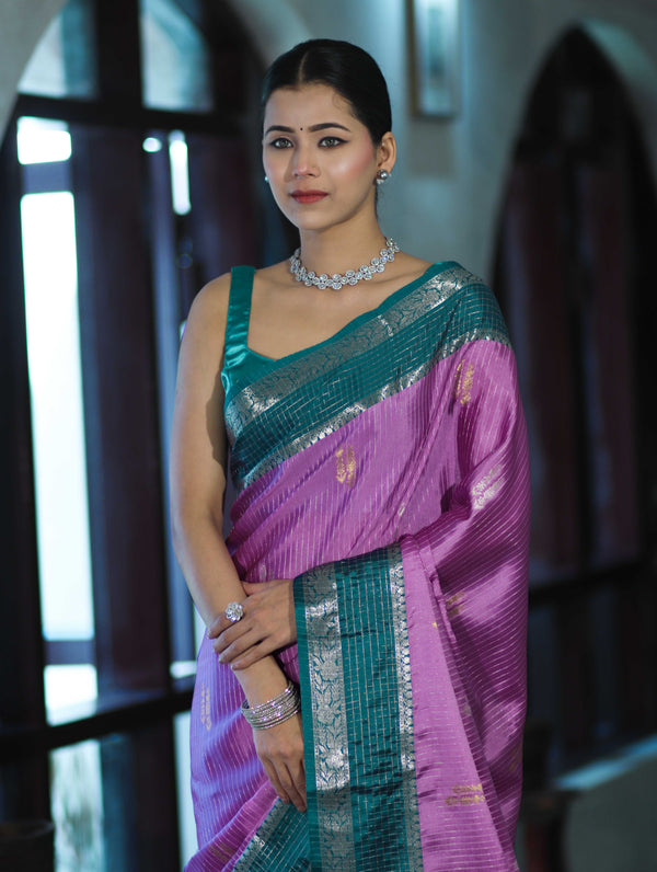 Banarasee Handloom Semi Silk Saree With Zari Stripe Design & Contrast Border-Onion Pink & Teal Green