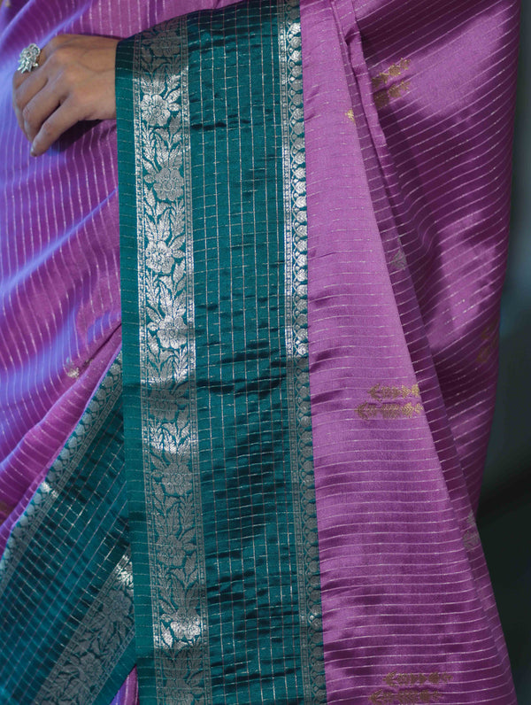 Banarasee Handloom Semi Silk Saree With Zari Stripe Design & Contrast Border-Onion Pink & Teal Green