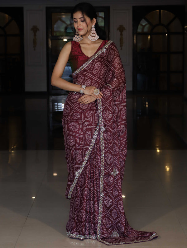 Banarasee Chinon Bandhani Print Saree With Katdana Border-Burgundy