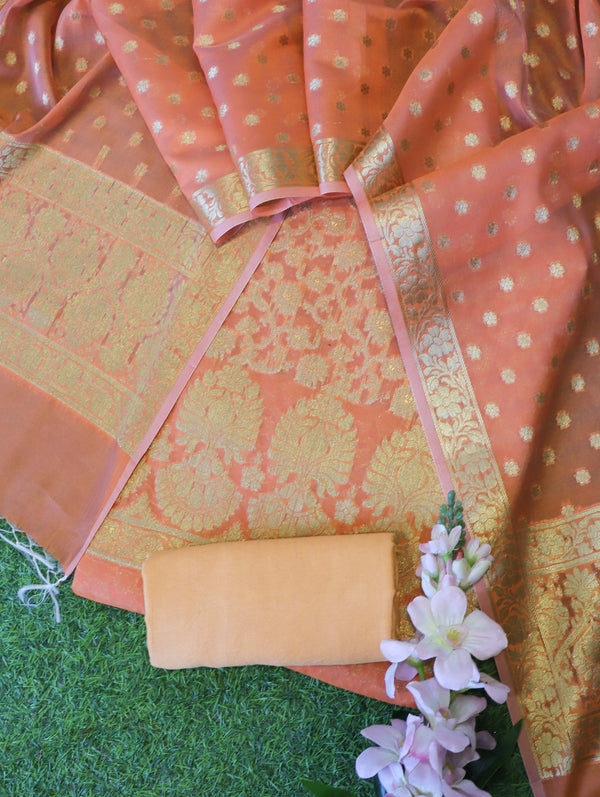Banarasee Chanderi Cotton Zari Jaal Work Salwar Kameez Fabric With Dupatta Set-Orange